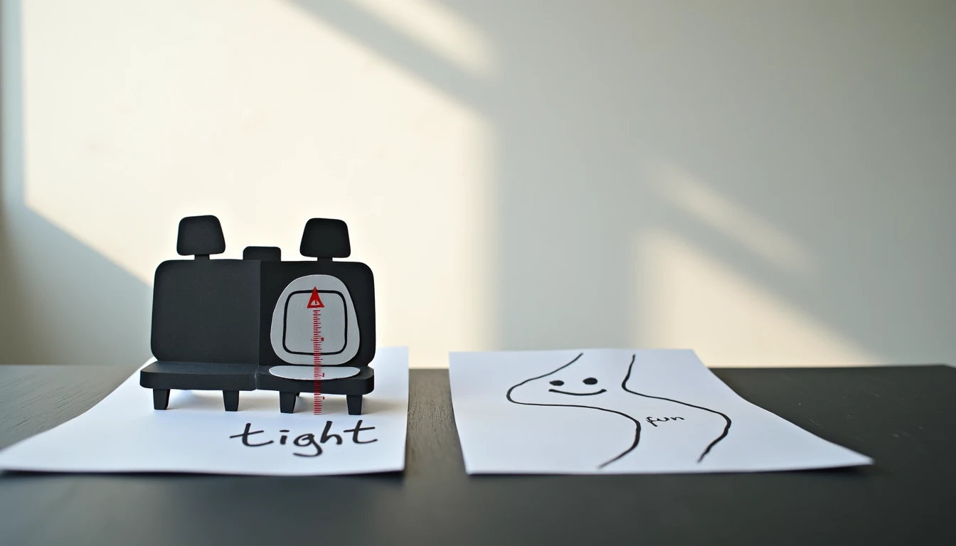 Car seat space diagram next to curving road with smile