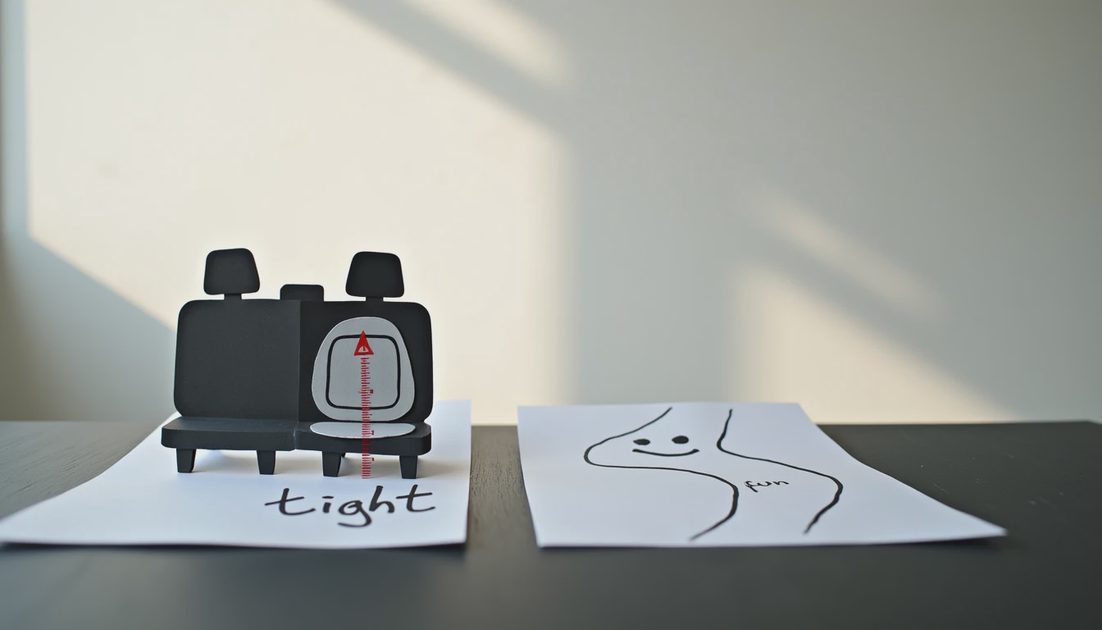 CX-5 Compromise Tight Rear Fun Drive Car seat space diagram next to curving road with smile