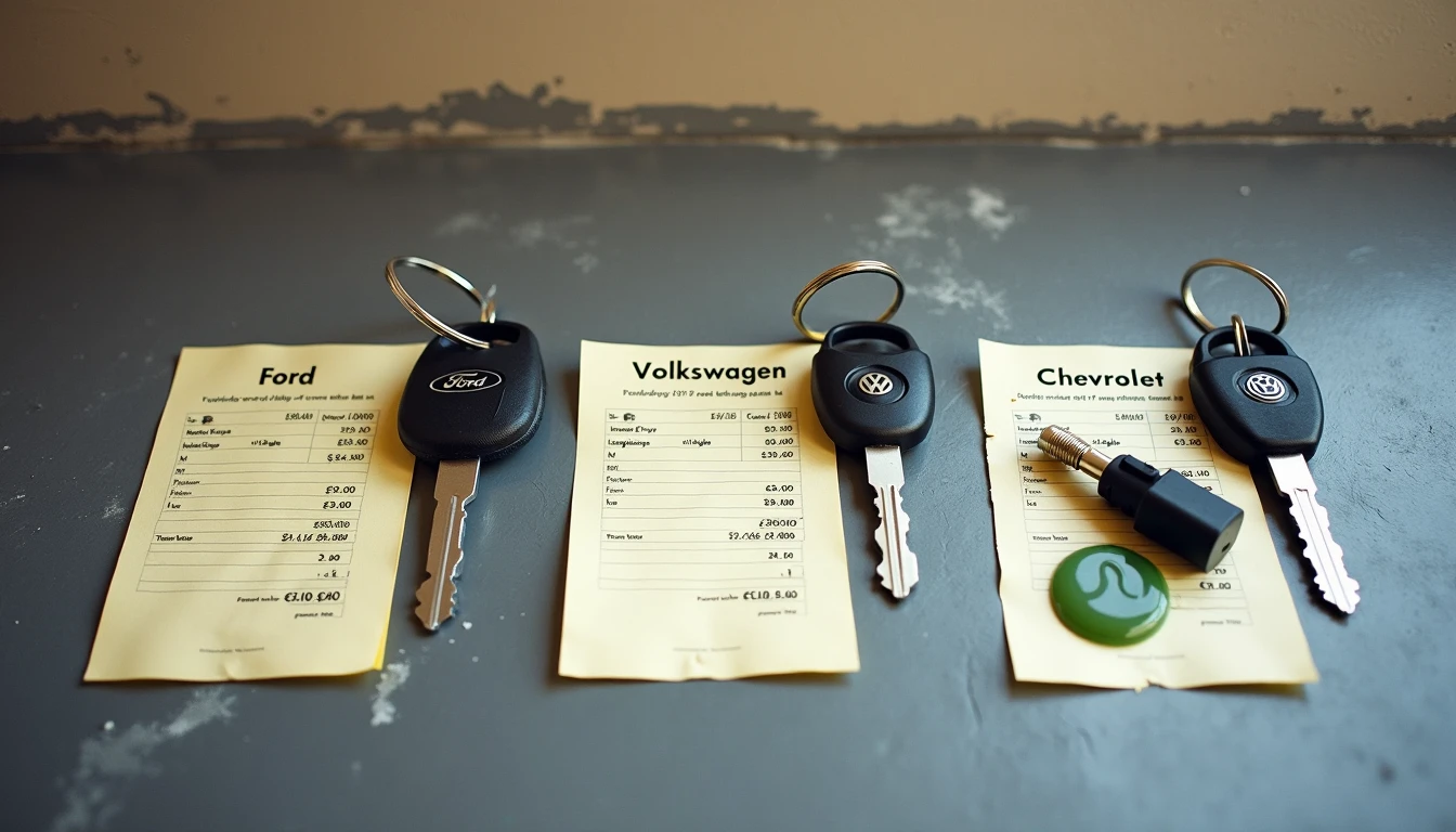 Three car keys with large repair invoices and a coolant puddle