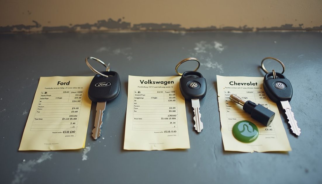 The Ones That Got Expensive Fast Three car keys with large repair invoices and a coolant puddle