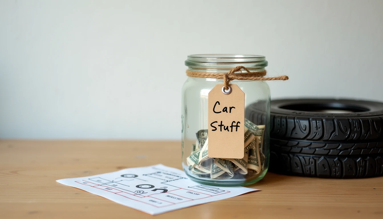Glass jar with cash and wrench next to tire and alignment diagram