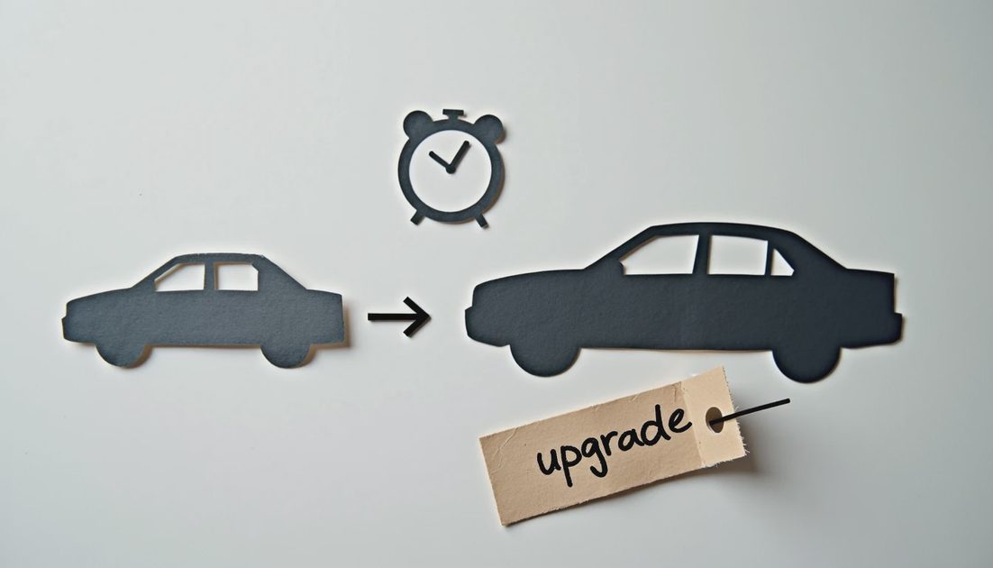Upgrade to Midsize for Long Commutes Two clock faces and sedan silhouettes 30 vs 45 minutes