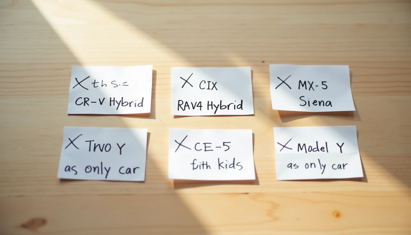 Five paper cards with three checkmarks and two X marks