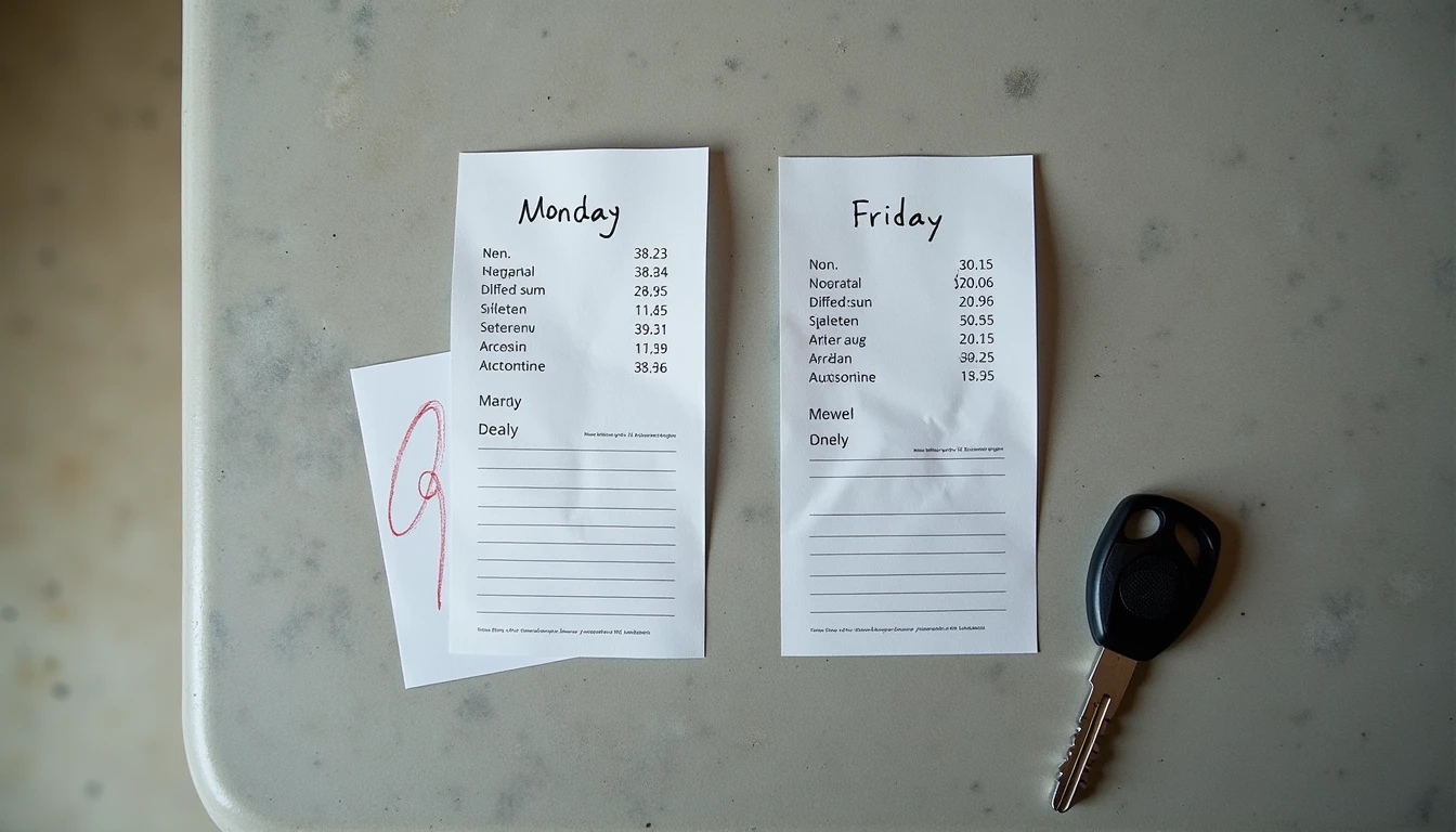 Two gas station receipts and weekly calendar with one day crossed out