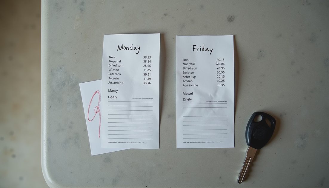 The Second Weekly Gas Trip Disappeared Two gas station receipts and weekly calendar with one day crossed out