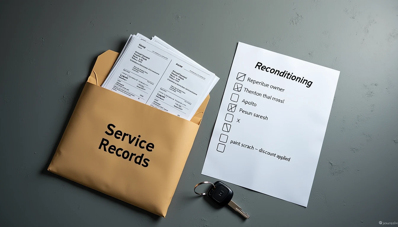 Service records folder with checklist showing one unchecked item and car key