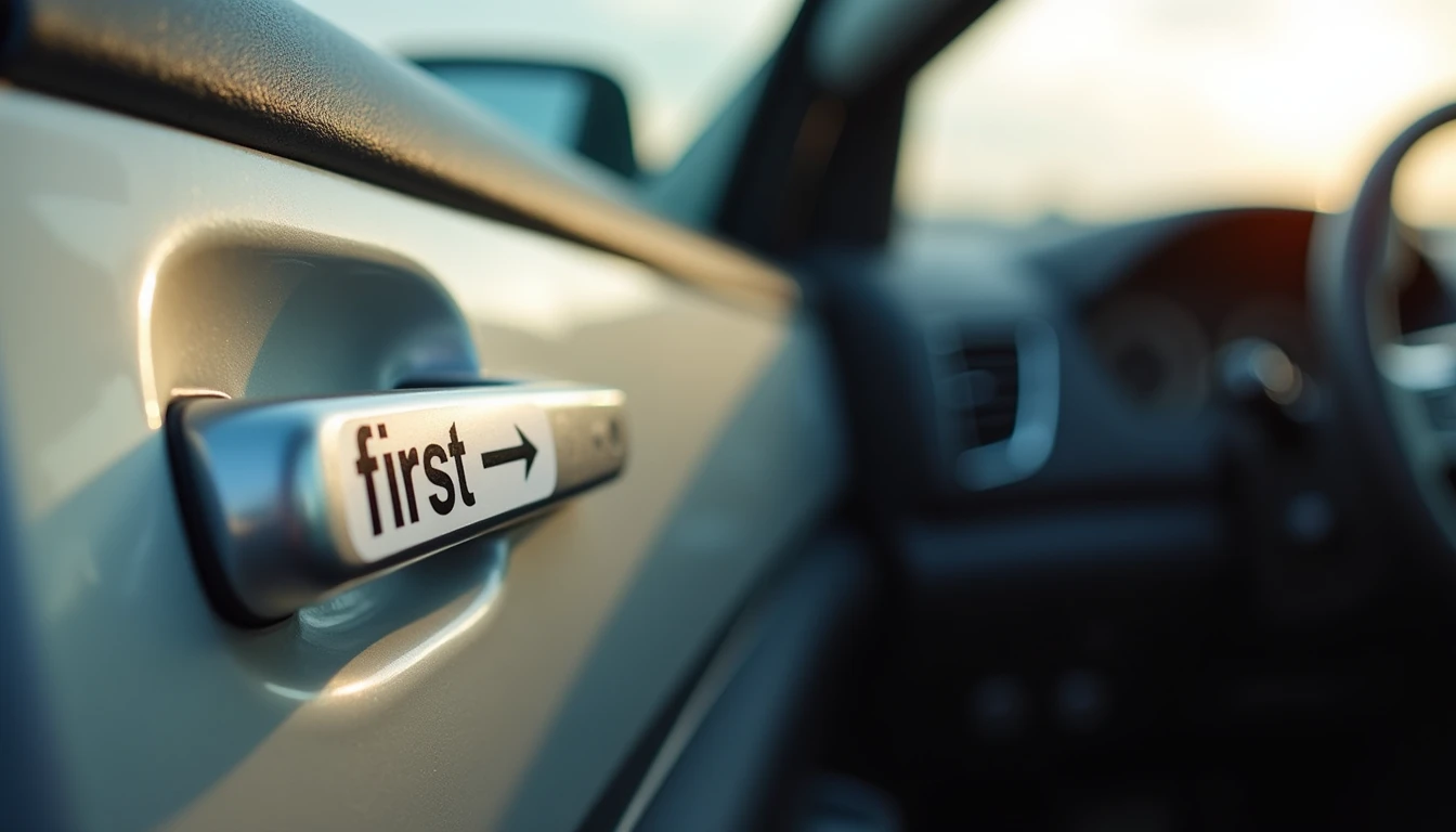 Rear car door handle with arrow sticker that says first