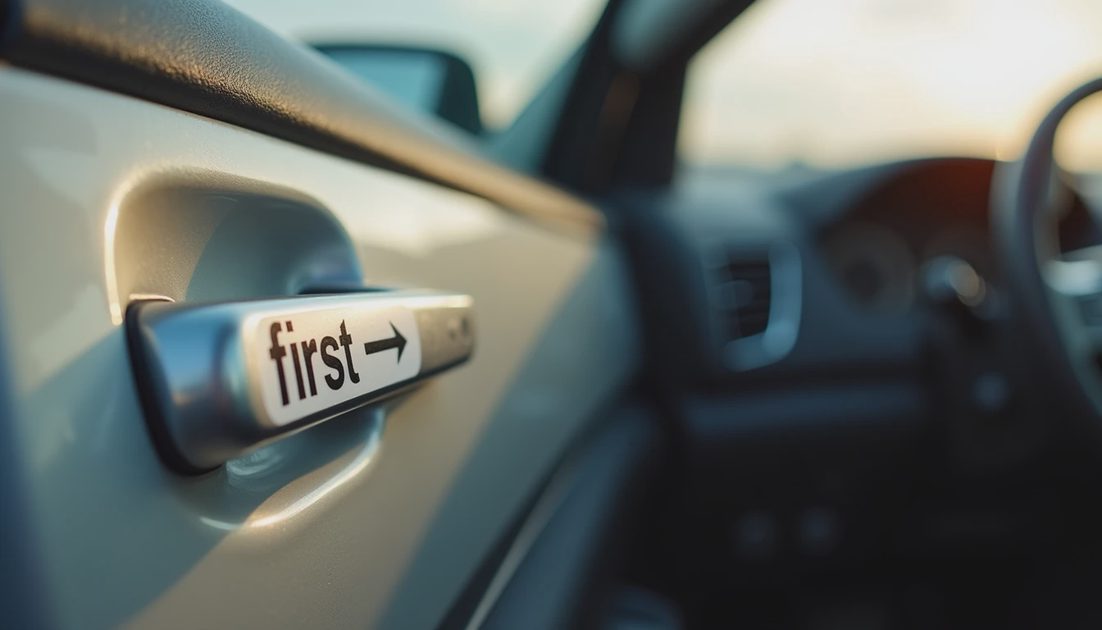 Park Then Open Rear Door Before Unbuckling Rear car door handle with arrow sticker that says first