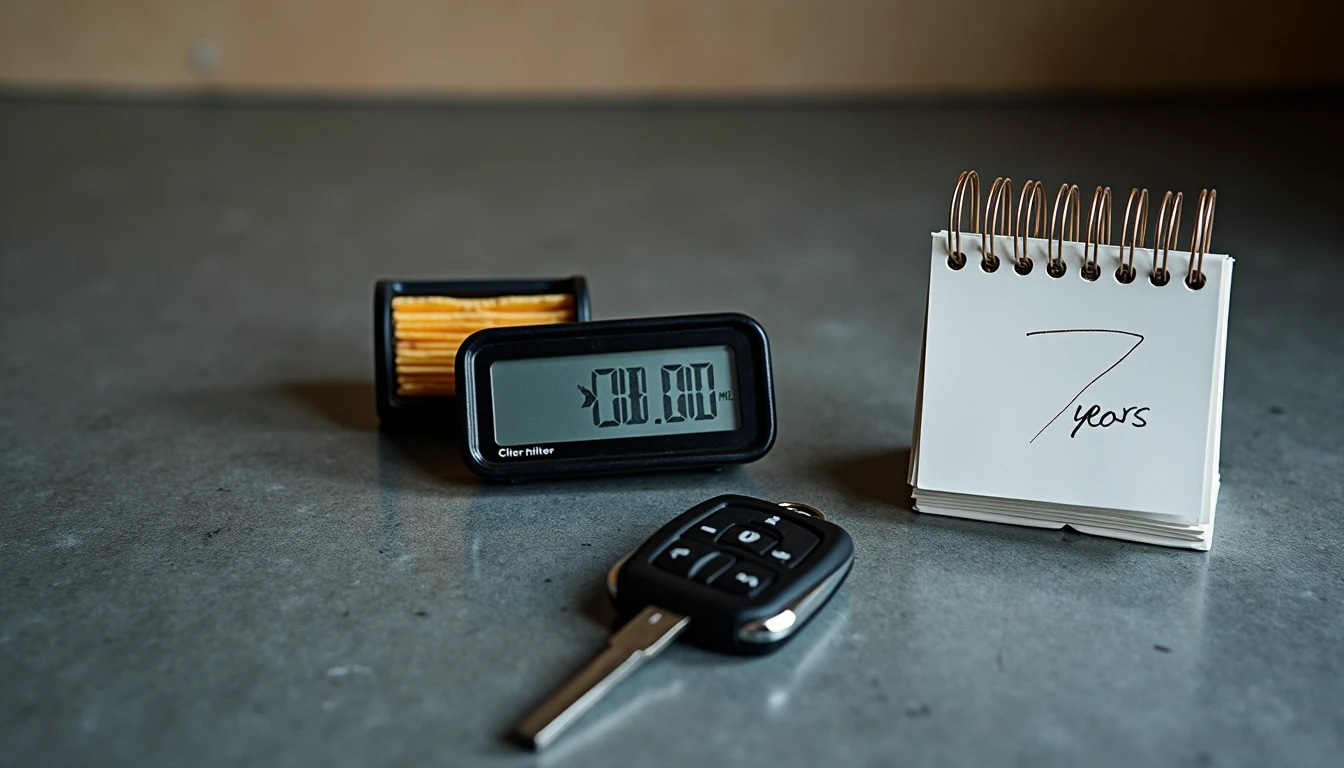 Car key with odometer reading 141000 miles oil filter and calendar