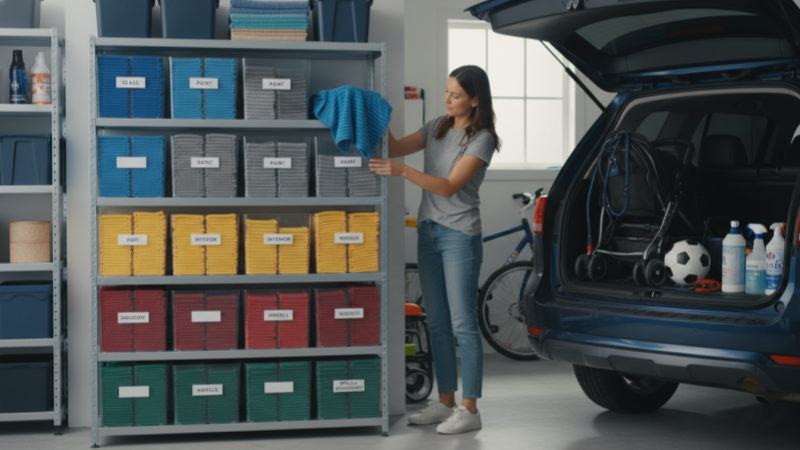  Family garage shelf with color-coded microfiber towel bins blue gray yellow red green and SUV