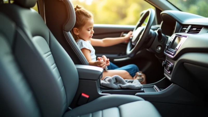  Parent gently wiping child car seat crumbs with soft microfiber cloth inside modern SUV