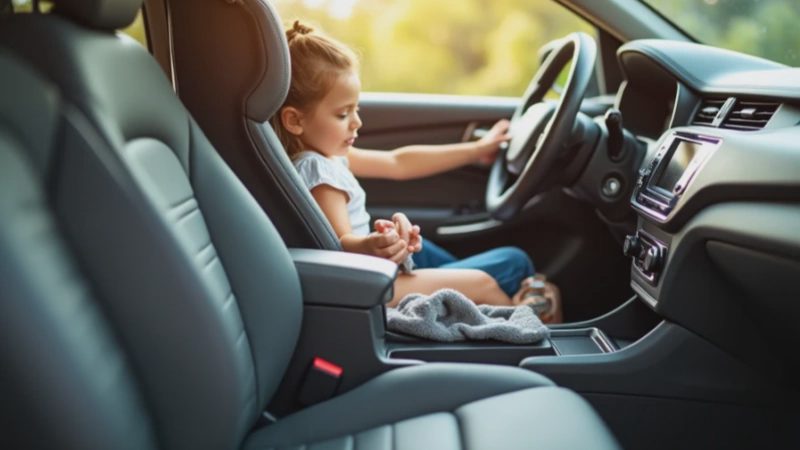 Safe Gentle Microfiber Cleaning for Child Seats Parent gently wiping child car seat crumbs with soft microfiber cloth inside modern SUV