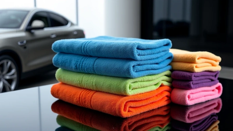 Stack of colorful microfiber towels 400 pack on black surface next to polished SUV