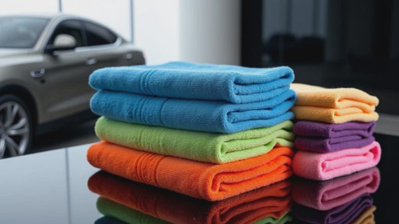 Premium 400 Pack Microfiber Towels Lint-Free Machine Washable Stack of colorful microfiber towels 400 pack on black surface next to polished SUV