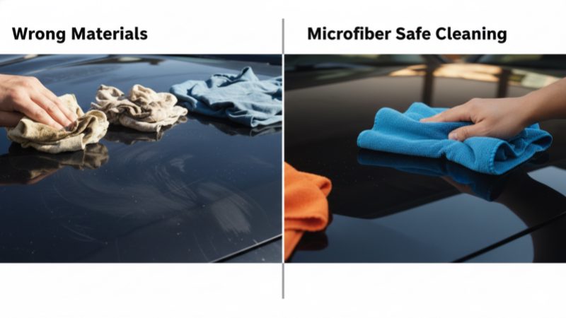 Wrong Materials vs Microfiber Safe Cleaning Split screen comparison scratched paint from paper towels left side glossy swirl-free paint from microfiber right side