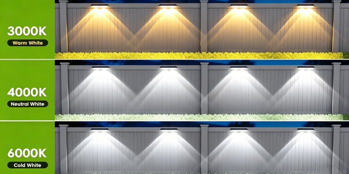 Three lighting swatches showing warm white (3000K), neutral white (4000K), and cold white (6000K) for adjustable LED or solar lights.