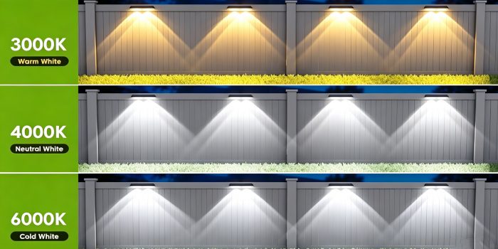 Light color temperature options – 3000K, 4000K, 6000K Three lighting swatches showing warm white (3000K), neutral white (4000K), and cold white (6000K) for adjustable LED or solar lights.