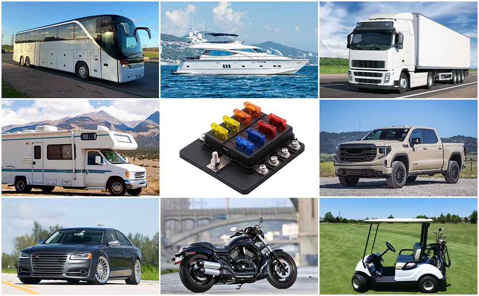 8-way automotive fuse block surrounded by diverse vehicle applications A compilation grid demonstrating product versatility. The central image features an 8-way blade fuse block loaded with colored automotive fuses. It is surrounded by eight multi-use scenarios, including a tour bus, luxury yacht, cargo truck, recreational vehicle (RV), pickup truck, sedan, motorcycle, and a golf cart, highlighting broad compatibility.