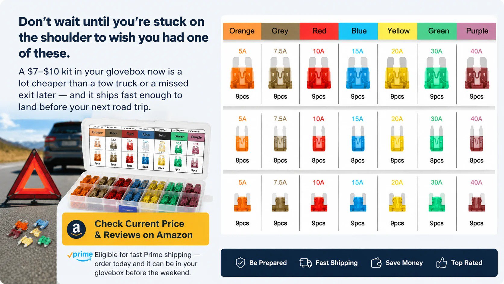 Amazon promo page for 182-piece car fuse assortment kit with roadside warning