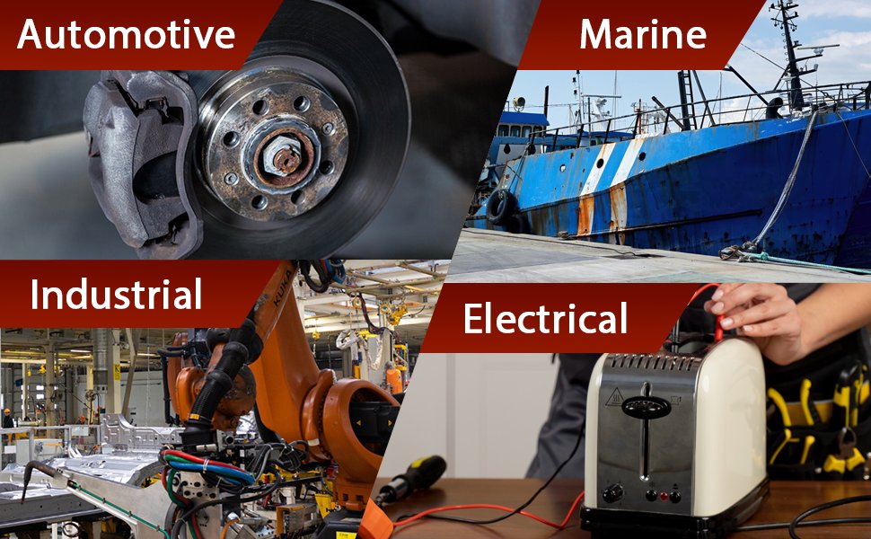 A collage showing four application areas for a product: Automotive brake discs, a Marine ship, Industrial robotic machinery, and Electrical work on a toaster.