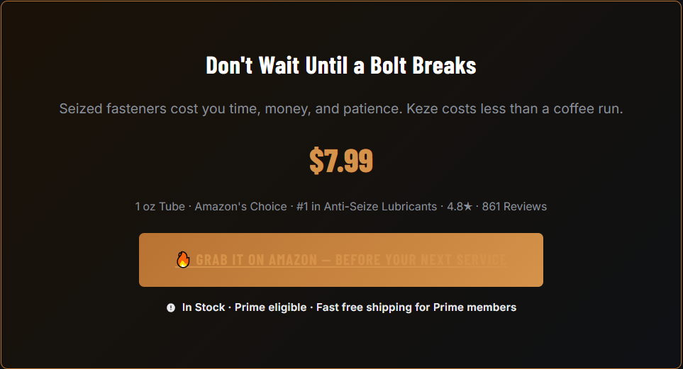 A promotional banner for a product called Keze, priced at $7.99, highlighting its benefits for seized fasteners and featuring an Amazon purchase link.